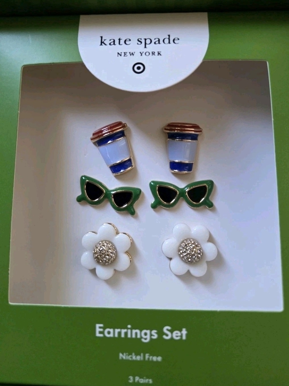 Kate Spade New York x Target Stud Earrings Coffee Flower Sunglasses NIB Trio